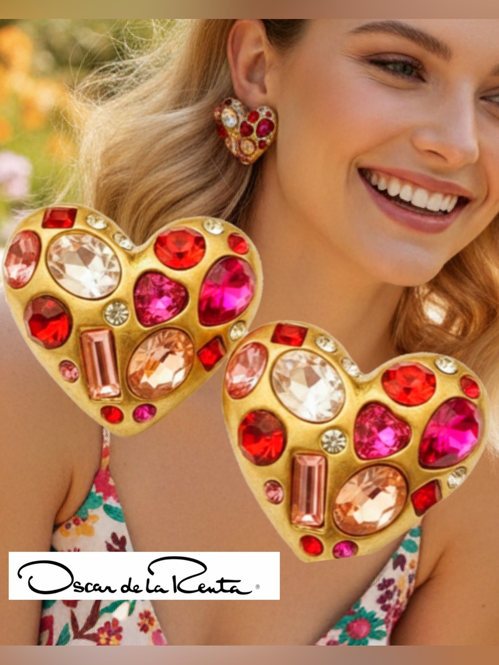 Oscar de la Renta CRYSTAL GEMSTONE HEART EARRINGS 💕Pink/Red Sparkling💕CLIP-ON